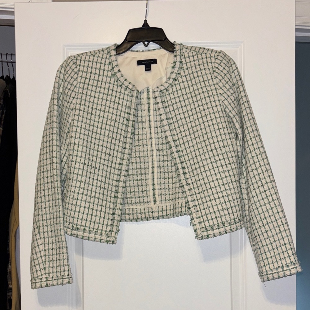 Ann Taylor Cream and Green Tweed Blazer